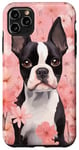 Coque pour iPhone 11 Pro Max Boston Terrier et fleurs de cerisier roses en rose