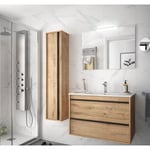 Meuble de salle de bain suspendu 80 cm en bois chêne obstrué avec lavabo encastré - Astoria - 80 cm Avec double colonne miroir et lampe à LED