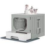 YITAHOME Cat Litter Box with Lid, Large Enclosed Cat Litter Tray, Hooded Odorless Anti-Splashing Cat Toilet with Drawer Pan Litter Scoop, Foldable Cat Litter Tray with Hood(Grey)