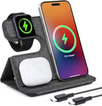 inaepeak 3 in 1 Wireless Charging Station, Foldable Portable Travel Wireless Charger, Wireless Charging Stand with 1m USB C Cable, for i Phone/Samsung/AirPod/Watch with Cooling Holes, PVC Fabric, Grey