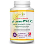 Incite Nutrition Vitamine D3 2000 UI + K2 (MK7) 100 µg – 180 Comprimés Végétariens de Qualité – 12 Mois d'Approvisionnement – Vitamine D3 + K2 de Haute Concentration – Fabriqué au Royaume-Uni