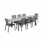 Salon de jardin table extensible - Washington - Table en aluminium 200/300cm. 8 fauteuils en textilène Gris foncé / Gris taupe - Gris foncé