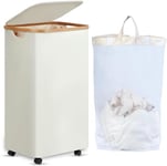 efluky Panier à Linge sur Roues, Panier à Linge XL 100L avec Couvercle, Panier à Linge Pliable avec Poignées en Bambou et sac Amovible pour la Chambre, la Salle de Bain, la Buanderie