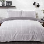 Sleepdown Grid Check Grey Super King Duvet Cover and Pillowcases, Cotton Mix