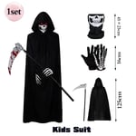 Läskig Halloween Ghost Reaper Kostym Huva Cape Skull Mask Handskar Lie Set Vuxna Barn Skräck Grim Reaper Halloween Dekoration Kids Suit