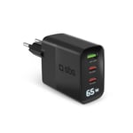 SBS Chargeur USB-C 65W avec écran LCD, 2 Ports USB-C, 1 Port USB-A, Prise européenne, Power Delivery, idéal pour Smartphones Android, iPhone, Tablette, MacBook, Ordinateur Portable