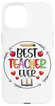 Coque pour iPhone 15 Best Teacher Ever Crayon Apple Heart Book