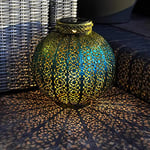 Festive Lights - 26cm Solar Powered Blue & Gold Moroccan Garden Metal LED Lantern White, Warm White, Colour Changing - Outdoor Marrakesh Damasque Decorative Lamp