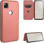 Compatible Avec Coque Google Pixel 4a 4g, Mince Flip Fibre De Carbone [Test De Chute] Antichoc Stand Fente Avec Carte, Protecteur D'écran En Verre Trempé*2-Marron