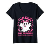 Womens Cheer for the Cure Breast Cancer Awareness Ghost Pink Ribbon V-Neck T-Shirt