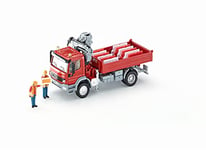 siku 3534, Camion avec zone de chargement et grue, 1:50, Métal/Plastique, Rouge, 2 figurines de jeu et 10 blocs de guidage du trafic inclus