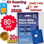 NEW ROLLING PLAN O2 Sim Card PAYG- Pay As You Go 02+EU ROAMING Up to 25GB +Calls