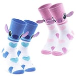 Disney Chaussettes Femme, Lot 2 Paires Chaussettes Antidérapantes Stitch et Angel (Rose/Bleu Coeurs)