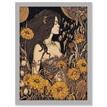 Woman in Flower Field Midsummer Night Illustration Artwork Framed A3 Wall Art Print