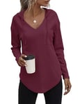 Cuptacc Tee Shirt Manche Longue Femme Pull Long Col V T-Shirts à Manches Longues Chic Raisins Violets,XL 46-48