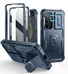 Dexnor pour Coque Samsung Galaxy S24【Double Cadre Avant et Support】 avec CaméRa Coulissante Intégrée & Protecteur d'écran, Coque de Protection Robuste Résistante Aux Chocs - Bleu Marine