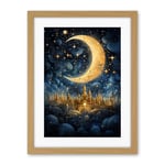 Artery8 Golden City in the Clouds Surreal Artwork Blue Gold Crescent Moon Starry Night Fairytale Artwork Framed Wall Art Print 18X24 Inch