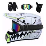 ZHUOYU Motocross Helmet,Motorcycle Cross Helmet Set,Downhill Enduro Helmet Full Face Helmet,Youth Kids Dirt Bike Helmets,Shark Shape,DOT Certification,ATV/MTB,Glasses/Gloves/Mask (B, L(56-57 cm))