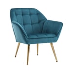 Fauteuil Salon Moderne Fauteuil Scandinave avec Pied Doré Fauteul Design Salon Rembourré Fauteuil 1 Place pour Chambre, Velours, Bleu