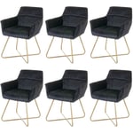 HHG - Lot de 6 chaises de salle à manger 528, chaise de cuisine, design rétro velours pieds dorés, noir