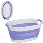 Relaxdays Panier à linge, 36 litres, en plastique, pliable, rangement peu encombrant, avec poignées, violet/blanc