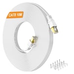 Cat 8 Cable Ethernet 10m, Haut Débit Fibre Cable RJ45 10m Blanc Plat 40Gbps 2000MHz Câble Réseau, Gigabit Blindé LAN Cable Internet pour Routeur, Modem, Switch, Xbox, PS5/4.[G682]