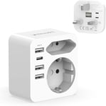 Hoppac Adaptateur Prise Anglaise, Adaptateur Prise Anglaise avec 3 USB et 1 USB C(3.4A, 17W), Adaptateur Britannique avec Prise européenne et Schuko, Adaptateur de Type G adapté pour Royaume-Uni,