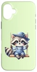 Coque pour iPhone 16 Plus Adorable raton laveur sur balançoire pour enfants