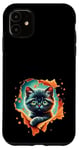 Coque pour iPhone 11 Chat noir mignon regardant à travers le tissu chaton gris pour filles