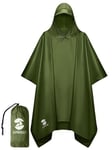 SaphiRose Hooded Rain Poncho Waterproof Raincoat Jacket for Men Women Adults, Army Green, One size