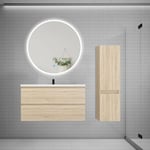 Ensemble meuble vasque L.100cm 2 tiroirs + lavabo + LED miroir rond 100cm + colonne C,chêne