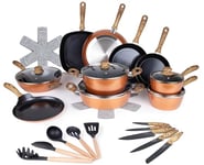 Pots and Pans Set Non Stick – Induction Hob Pot Sets – 35pcs Kitchen Cookware & Kitchen Knife Set – Copper Cooking Pots with Lids – Saucepans Pot & Frying Pans – by Nuovva