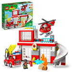 LEGO Duplo La Caserne Et L’Hélicoptère des Pompiers - Jouet Camion Push & Go - Jeux Construction Enfant 2 Ans - Larges Briques pour Faciliter la Motricité Fine - Idée Cadeau Garçon et Fille 10970