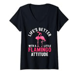 Womens Life's Better With A Little Flamingo Attitude V-Neck T-Shirt