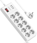 Multiprise Usb Avec 10 Prises, Bloc Multiprise Avec 3.1A 3 Ports Usb, Interrupteur, Multiprise Electrique Avec Cordon De 2M, 4000W/ 16A Pour Maison, Bureau, Smartphone