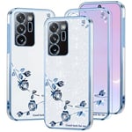 Kainevy pour Coque Samsung Note 20 Ultra 5G Transparent Paillette Fleur Motif pour Femme Fille Antichoc Etui Samsung Galaxy Note 20 Ultra Coque Silicone Ultra Fine Jolie Luxe Case (Bleu+Argenté)