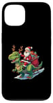 Coque pour iPhone 13 Costume de pyjama Père Noël chevauchant dinosaure T rex cerf lumières de Noël