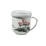 lachineuse - Tasse à Thé Asiatique Paysage Zen - Tasse en Porcelaine avec Infuseur & Couvercle - Coloris Blanc, Gris & Rouge - Idée Cadeau Vaisselle Chinoise Traditionnelle - Petite Tasse Asie Chine