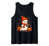 Cute ghost drinking coffee Halloween Ghost coffee Women Girl Tank Top