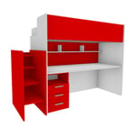 Lit superposé avec bureau intégré et échelle de rangement – Solution gain de place idéale pour les enfants - Blanc et rouge