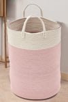 63L Woven Cotton Rope Laundry Hamper Basket Toys Storage with Handlers Pink 50cm H