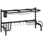 HOMCOM Large Dish Drainer Rack Over The Sink, 2 Tier Adjustable Dish Drainer 51-93cm, Space Saving Kitchen Counter Shelf Organiser, Black