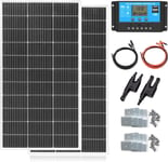 Kit Panneau Solaire 200W Mono:2pcs Panneau Solaire 12V + Régulateur de Charge 20A + câble de 3m + Pinces de Fixation Z pour Camping-Car, Caravane, Maison