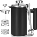 Wrobic French Press Cafetière à piston 34 oz – 1000 ml – Presse française isolée à double paroi, 3 filtres et cuillères supplémentaires, presse française pour la maison, le camping et le bureau, noir