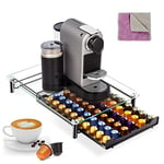 Masthome Porte Capsule de Café pour Nespresso 60 Capsules, Tiroir de Rangement avec Présentoir en Verre, Distributeur Capsules Antidérapant et Transparent avec Tiroir Métallique, Noir