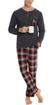 Lovasy Pyjama Homme Hiver Long Coton avec Bouton Chemise à Manches Longues et Pantalon à Carreaux Ensemble de Pyjama Grande Taille,Y-Bleu,XXL