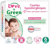 Love & Green - Couches Bébé Saines et Ecologiques - Taille 6 (15+ kg) - 34 couches - Absorbante, anti-fuites et sans ingrédients indésirables