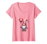 Womens Pink Valentines Day Accessories Love Balloon Cute Gnome V-Neck T-Shirt