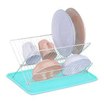 Relaxdays Dish Drainer with Drip Tray, Folding Drying Rack, Metal & Plastic, HxWxD 24 x 42 x 32 cm, Blue