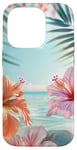 iPhone 14 Pro Palm Tree Hibiscus Sunset on the Beach Light Blue Case